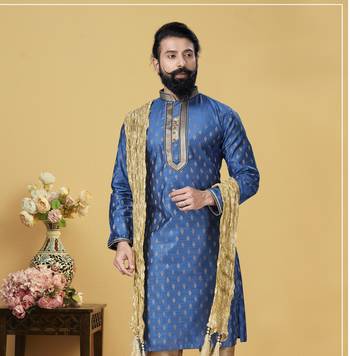 Men Blue Dupion Silk Woven Zari Buta Designer Kurta 1