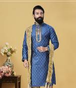 Men Blue Dupion Silk Woven Zari Buta Designer Kurta