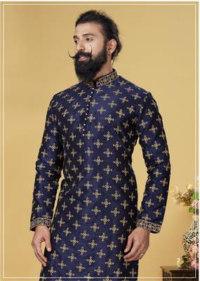 Men Navy Blue Dupion Silk Embroidered Designer Kurta 1