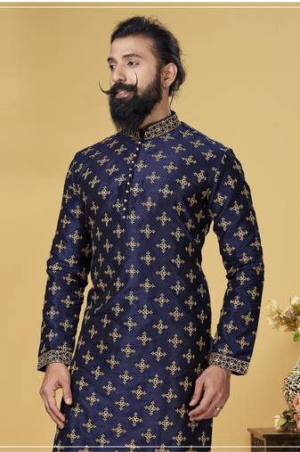 Men Navy Blue Dupion Silk Embroidered Designer Kurta