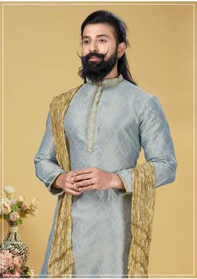 Men Jacquard Silk Woven Sky Blue Embellished Kurta 1