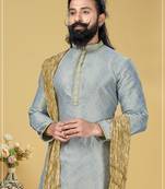 Men Jacquard Silk Woven Sky Blue Embellished Kurta