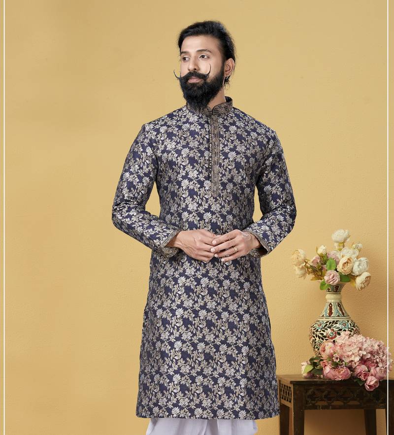 Men Jacquard Silk Woven Navy Blue Embellished Kurta