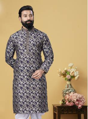 Men Jacquard Silk Woven Navy Blue Embellished Kurta 1