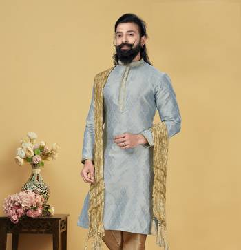 Men Jacquard Silk Woven Sky Blue Embellished Kurta 7