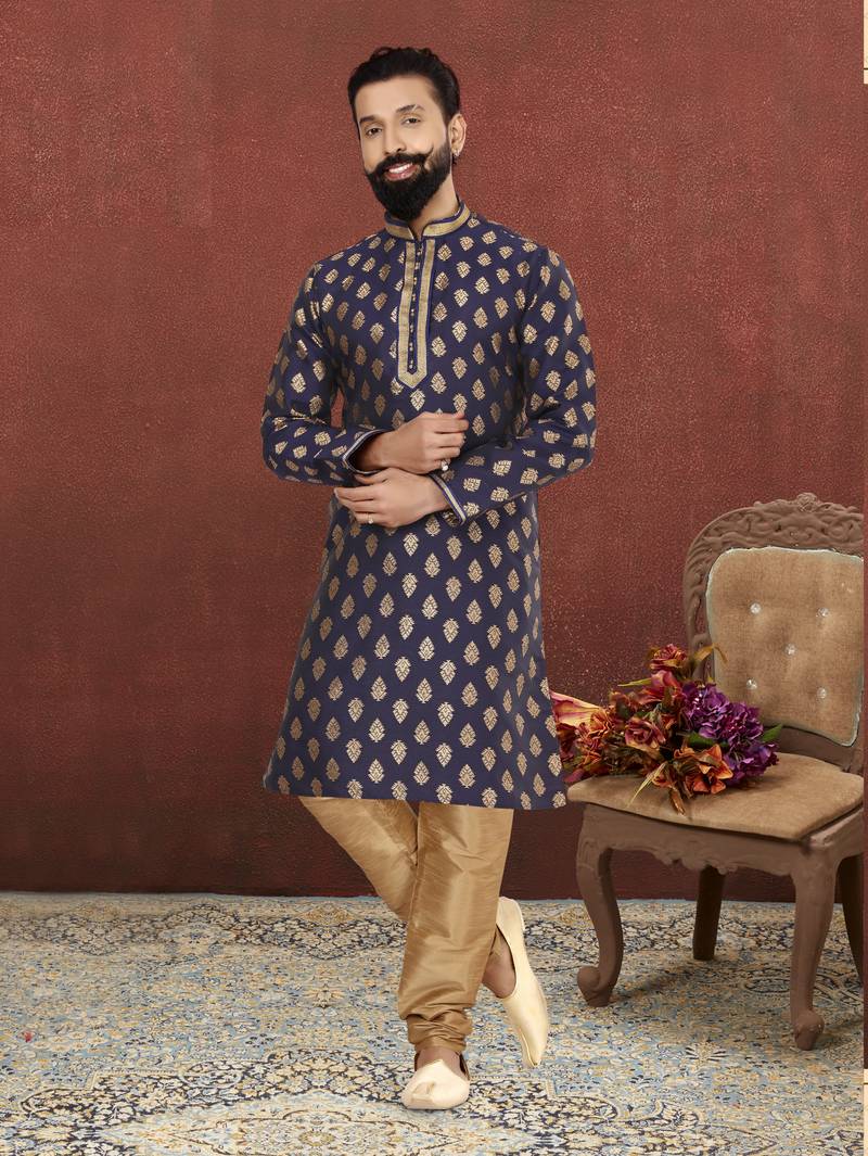 Men Navy Blue Jacquard Silk Kurta Churidar Set