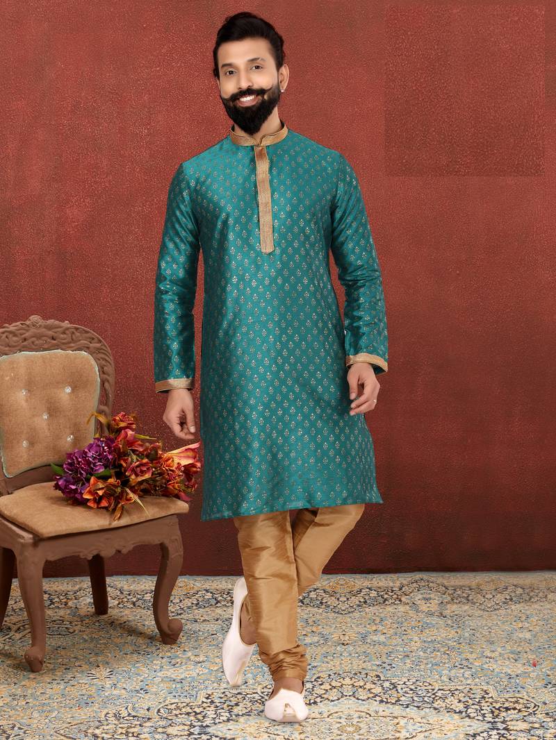 Men Teal Blue Dupion Silk Khari Printed Kurta Churidar Set