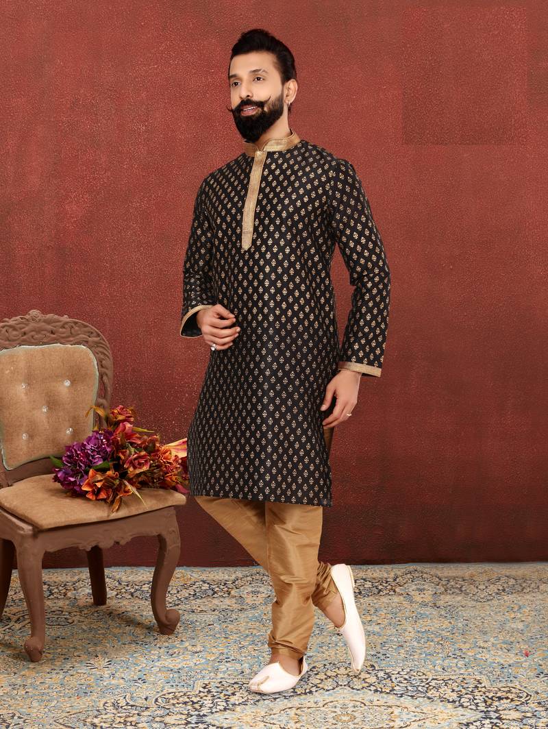 Men Black Dupion Silk Khari Printed Kurta Churidar Set