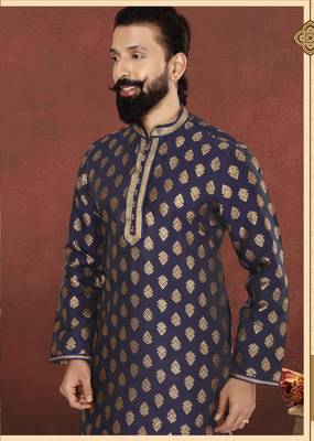 Men Navy Blue Jacquard Silk Kurta Churidar Set 1