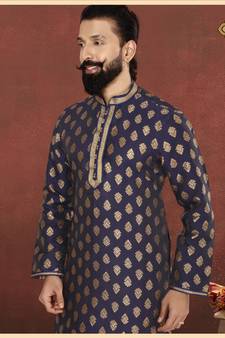 Men Navy Blue Jacquard Silk Kurta Churidar Set