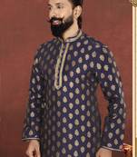 Men Navy Blue Jacquard Silk Kurta Churidar Set