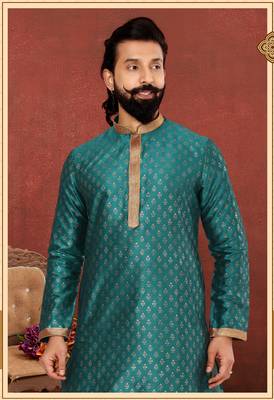 Men Teal Blue Dupion Silk Khari Printed Kurta Churidar Set 1