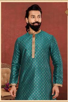 Men Teal Blue Dupion Silk Khari Printed Kurta Churidar Set
