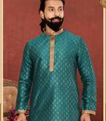 Men Teal Blue Dupion Silk Khari Printed Kurta Churidar Set