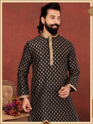 Men Black Dupion Silk Khari Printed Kurta Churidar Set 1