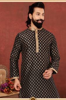 Men Black Dupion Silk Khari Printed Kurta Churidar Set