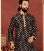 Men Black Dupion Silk Khari Printed Kurta Churidar Set
