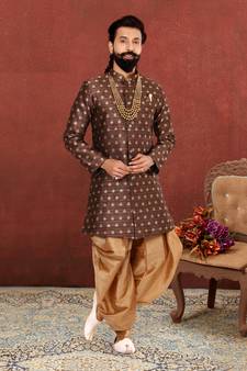 Men Brown Jacquard Silk Dhoti Kurta Set