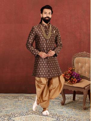 Men Brown Jacquard Silk Dhoti Kurta Set 1