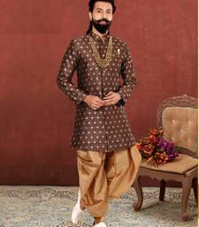 Men Brown Jacquard Silk Dhoti Kurta Set
