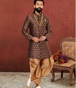 Men Brown Jacquard Silk Dhoti Kurta Set