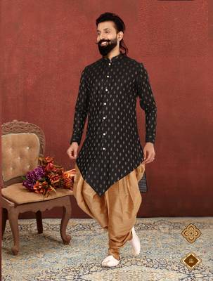 Men Black Cotton Silk Zari Buta Dhoti Kurta Set 7
