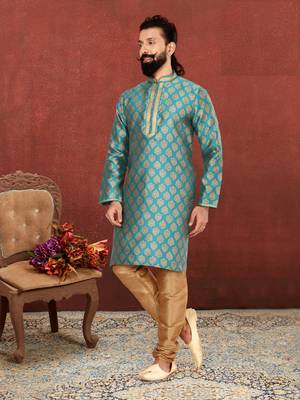 Men Blue Jacquard Silk Kurta Churidar Set 1