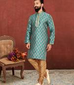 Men Blue Jacquard Silk Kurta Churidar Set