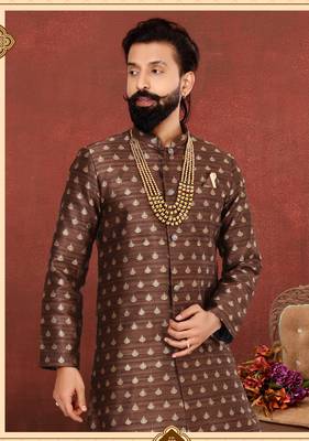 Men Brown Jacquard Silk Dhoti Kurta Set 7