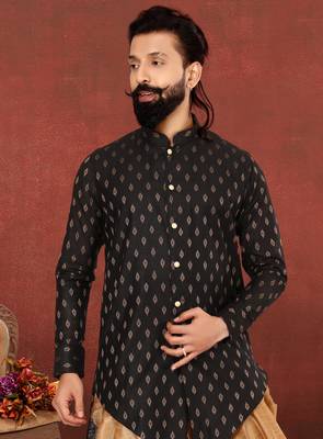 Men Black Cotton Silk Zari Buta Dhoti Kurta Set 1