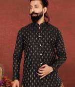 Men Black Cotton Silk Zari Buta Dhoti Kurta Set