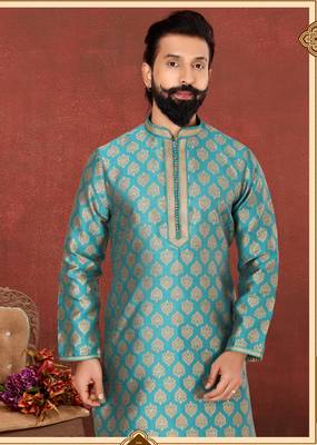 Men Blue Jacquard Silk Kurta Churidar Set 7