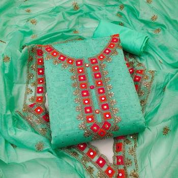 Sea Green Chanderi Mirror & Sequin Embroidered Dress Material 1