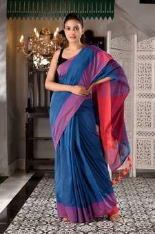 This is  Blue Cotton textured handwoven saree  from Charukriti