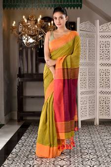 This is  Mustard Cotton textured handwoven saree  from Charukriti