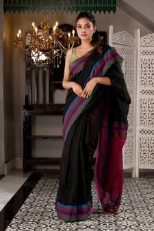 This is  Black Cotton textured handwoven saree  from Charukriti