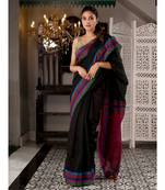 This is  Black Cotton textured handwoven saree  from Charukriti