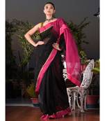 This is  Black Blended Cotton handwoven saree with sequine  from Charukriti