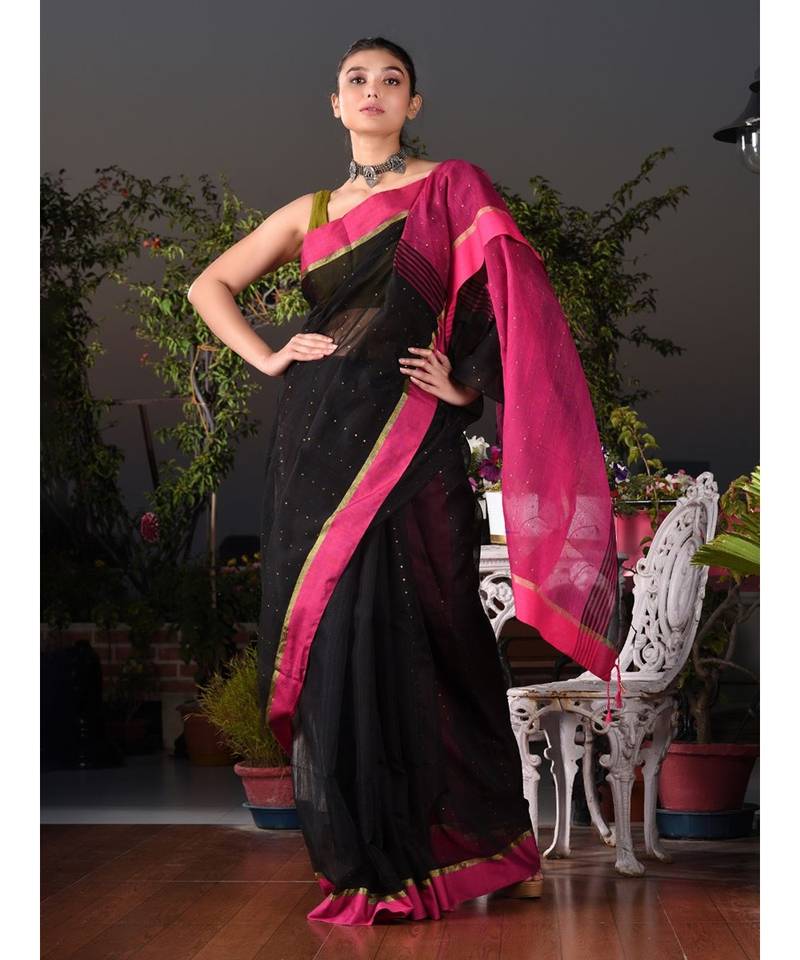 This is  Black Blended Cotton handwoven saree with sequine  from Charukriti