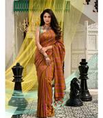 This is  Mustard Cotton handwoven saree with stripes  from Charukriti