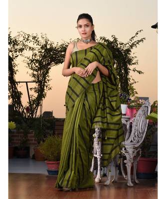 This is  Sap Green Cotton handwoven saree with stripes  from Charukriti 1