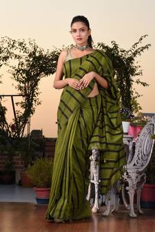 This is  Sap Green Cotton handwoven saree with stripes  from Charukriti