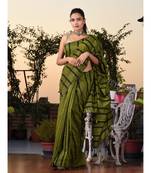 This is  Sap Green Cotton handwoven saree with stripes  from Charukriti