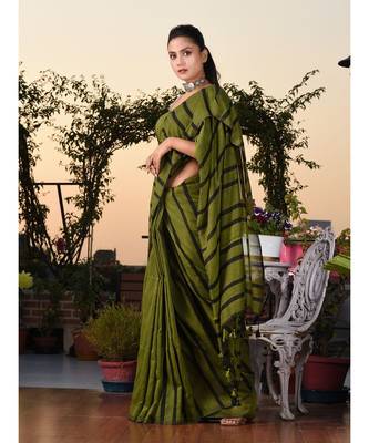 This is  Sap Green Cotton handwoven saree with stripes  from Charukriti 2