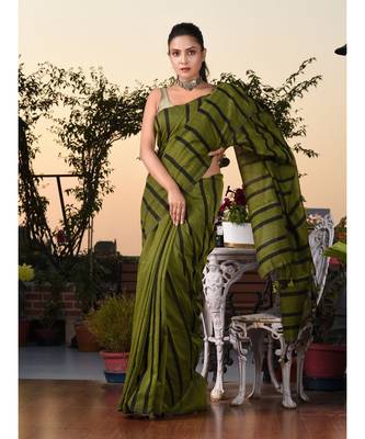 This is  Sap Green Cotton handwoven saree with stripes  from Charukriti 3