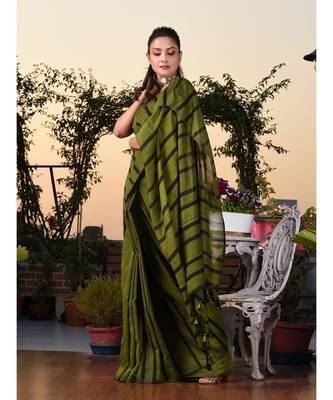 This is  Sap Green Cotton handwoven saree with stripes  from Charukriti 4