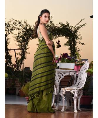 This is  Sap Green Cotton handwoven saree with stripes  from Charukriti 5