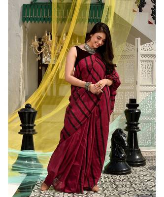 This is  Magenta Cotton handwoven saree with stripes  from Charukriti 2