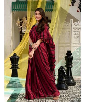 This is  Magenta Cotton handwoven saree with stripes  from Charukriti 3