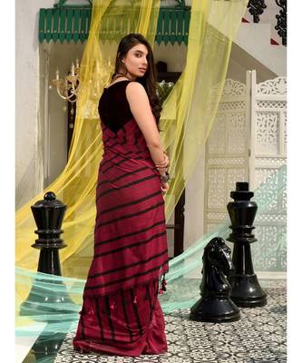 This is  Magenta Cotton handwoven saree with stripes  from Charukriti 4